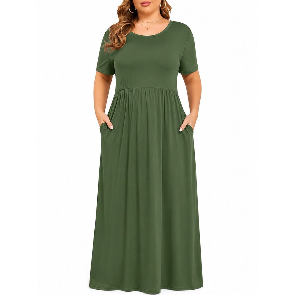 NWT BISHUIGE 6XL Olive Green Maxi Dress Plus Size Empire Waist Pockets Casual
